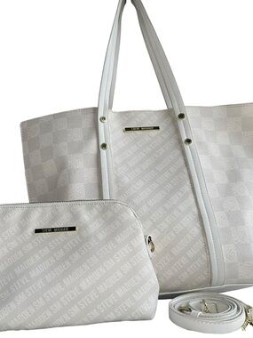 Steve Madden White Logo Jacquard Tote with Matching Pouch